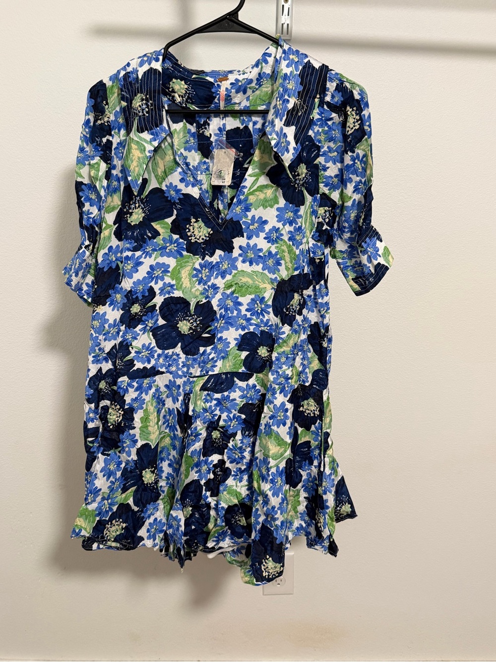 Free People Blue Floral V-Neck Tiered Mini Dress